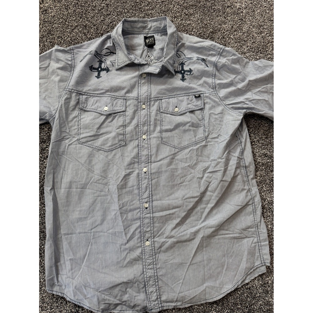 Black Jack Mens 2XL Blue White Pinstripe Gothic Cross Embroidered Shirt 1542-J